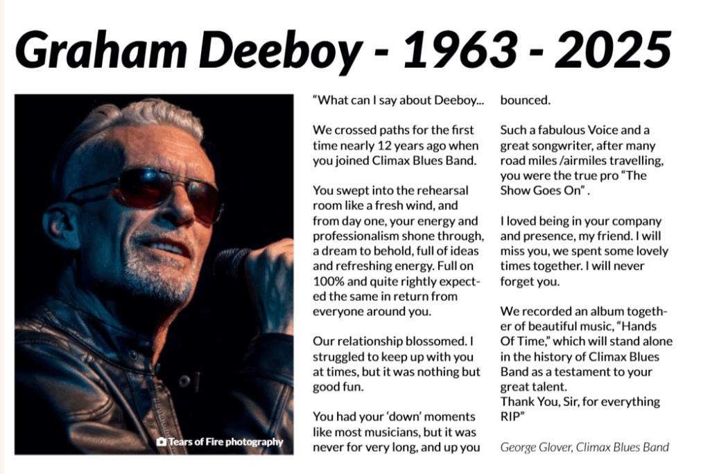 Graham Dee, former lead singer of Climax Blues Band, passed away in 2025.