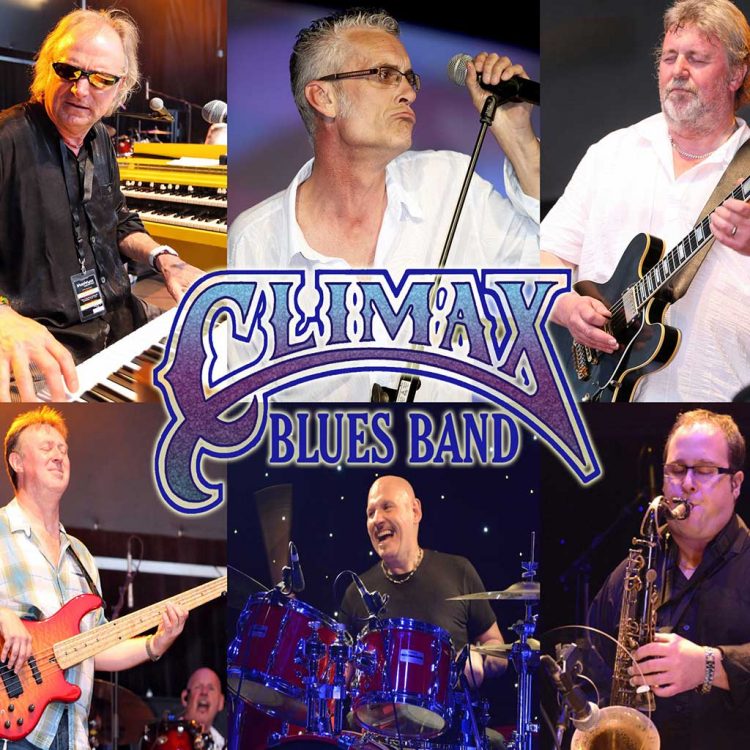 Climax Blues Band poster from 2014 with pictures of all 6 band members - George Glover, Graham Dee, Lester Hunt, Roy Adams, Neil Simpson and Chris ‘Beebe’ Aldridge.