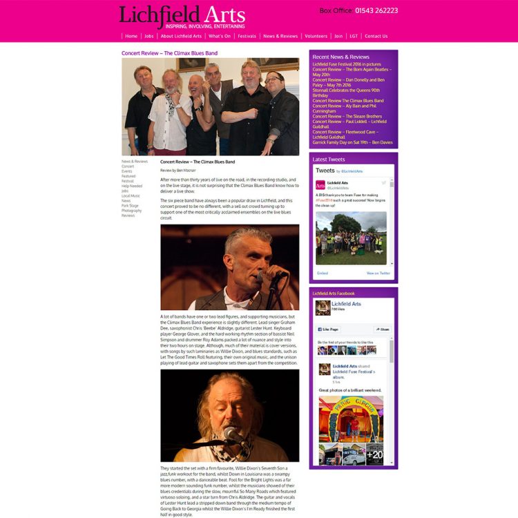 Screen capture of concert review of Climax Blues Band at the 2014 Lichfield Arts Festival
