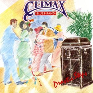 Colour pencil illustration of couples dancing on front of Climax Blues Band Drastic Steps album cover