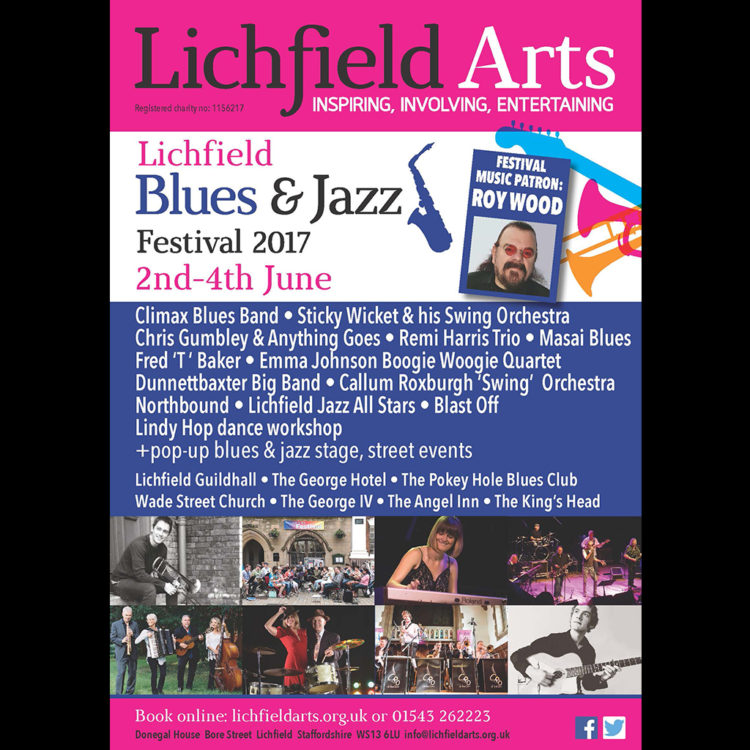 Poster for Lichfield Blues and Jazz Festival held at the Pokey Hole Blues Club with Roy Wood as Music Patron. and headline act Climax Blues Band
