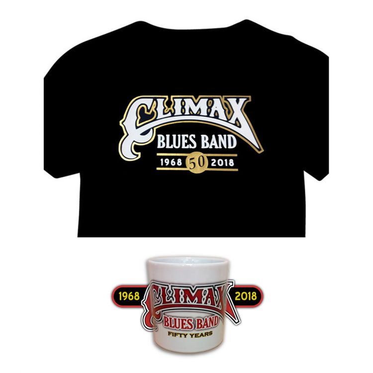 Climax Blues Band 50th Anniversary black t-shirt and white mug