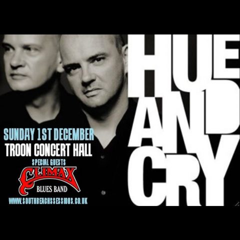Poster to promote gig with Hue and Cry, Sunday, December 1st, 2019 at Troon Concert Hall.