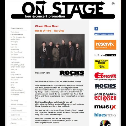 On Stage Tour and Concert promotion for Climax Blues Band Germany 2020 tour