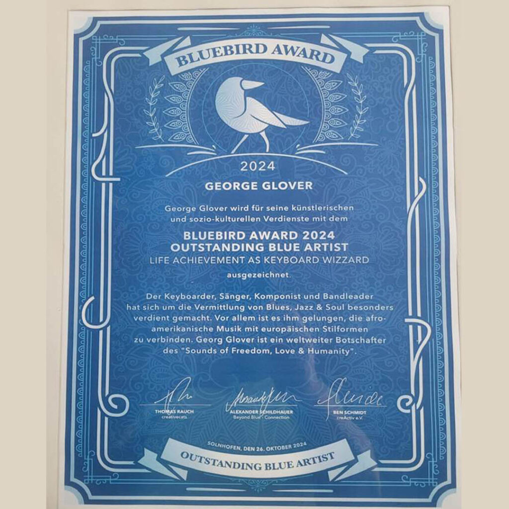 Certificate for George Glover 2024 Bluebird award for Outstanding Blues Artist